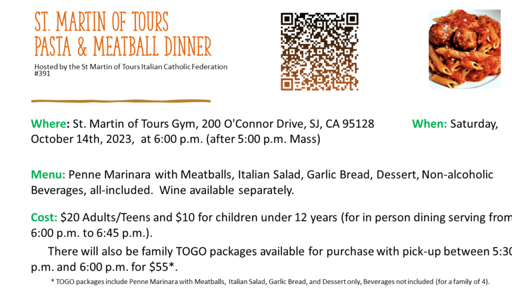 2023 Pasta and Meatball Dinner details